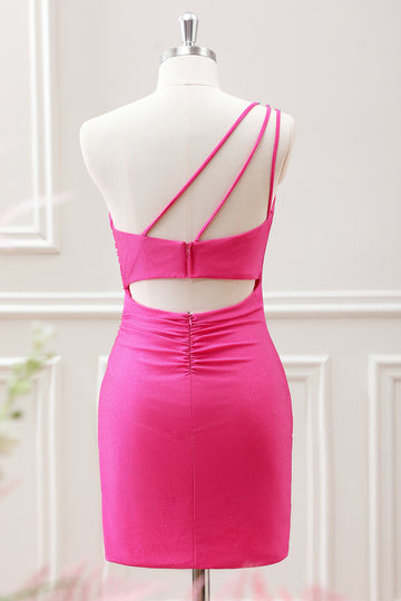 Hot Pink One Shoulder Pleated Hollow Out Bodycon Mini Dress